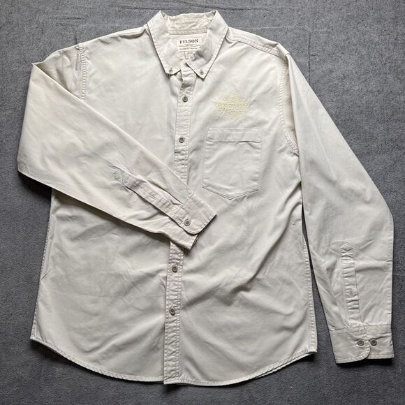 Filson Shirt Mens L Safari Cloth Cream Birch‎ Embroidered Hogsed Creek Farm NC